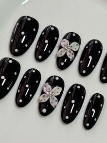 Summer Nails, Ten Medium-Length Almond-Shaped Pressed Fake Nails. Retro Sweet And Playful Style. Black Base Color Paired With Classic White Polka Dots. Hand-Painted Three-Dimensional Flowers Combined With Diamonds For A Gentle And Flattering Appearance. Removable And Reusable. Comes With Nail Polish Remover And Jelly Glue. Can Be Worn At Parties, Gatherings, Daily Life, Work, School, Etc. Suitable For Ladies And Girls. Pregnant Women Can Also Wear Them. - Black - View 4