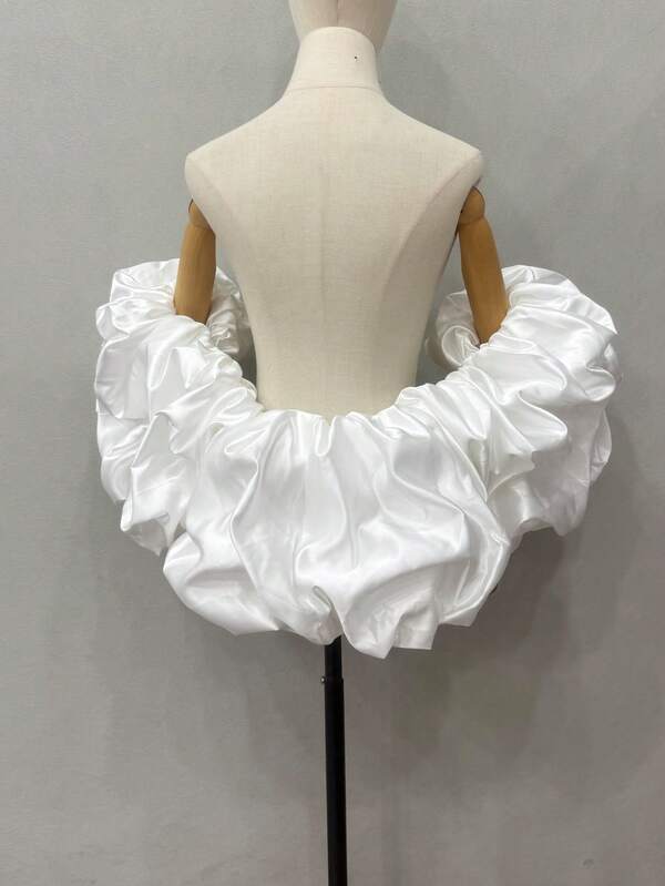 1pc Bridal Shawl With Ruffles, Detachable Satin Exaggerated Puff Sleeves Cape, Bridal Accessory