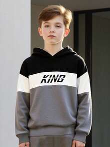 2pcs Boys King Letter Print Hooded Sweatshirt And Pants Set, Long Sleeve Top And Casual Sports Trousers, Fashion Sportswear For Tween Boys