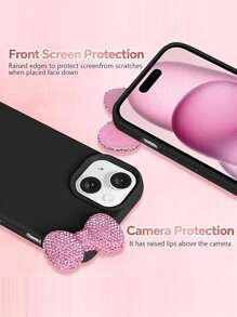 3D 水钻蝴蝶结手机壳 - 可爱蝴蝶结设计 - 适用于 17、16、Pro Max、15、14、13、12、11、荔枝纹理全覆盖保护套