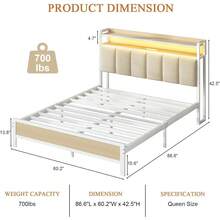 LED Bed Frame With Storage Headboard, Upholstered Bed Frame With Charging Station, Metal Platform Bed Frame With Heavy Duty Metal Slats, No Box Spring Needed, Easy Assembly, Black/ White/ Beige - Xem 9