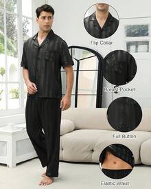 Mens Silk Pajama Set, Short Sleeve Silk Satin Pajamas For Men Soft Mens Loungewear Sets 2 Piece Button Down Pjs Sethalloween - Striped Black - View 11