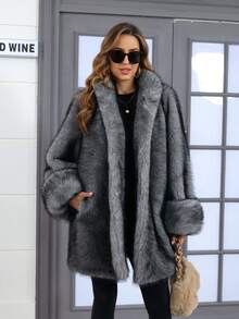 Ladies' Loose Coat, Fox Fur Imitation, Winter Jacket, Women's Plus-Size Clothing, Rolled-Up Sleeve Coat,Mantel