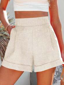 Women High Waisted Wide Leg Bermuda Shorts Summer Casual Lightweight Workwear With Pockets - 杏色 - 查看 1