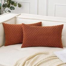 1pc/2pcs Caramel Bohemian Striped Throw Pillow Cover (Pillow Insert Not Included), Soft Plush Corduroy Solid Color Decorative Square Pillow Sham, Suitable For Holiday, Sofa, Bedroom, Bed, All Seasons - Burnt Orange - View 4