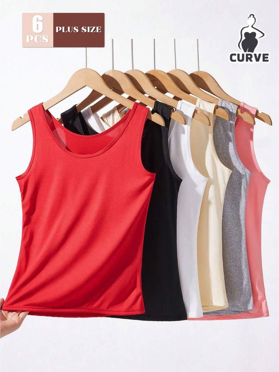 6pcs Women's Plus Size Solid Color Round Neck Casual Versatile Tank Top - Multicolor - View 1
