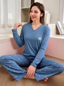 Mirano Slogan Print Short Sleeve Top & Cherry Pattern Long Pants Pajama Set - Mint Blue - View 3