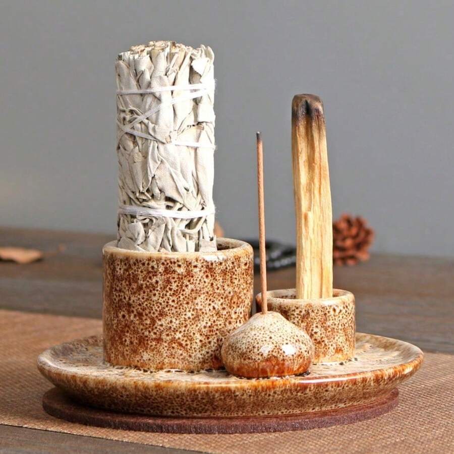 1 pieza Soporte de vela y quemador de incienso cerámico 4 en 1 - Multifuncional, decoración del hogar con soportes para Palo Santo y Salvia, incluye palitos aplicadores para aromaterapia y sahumerio