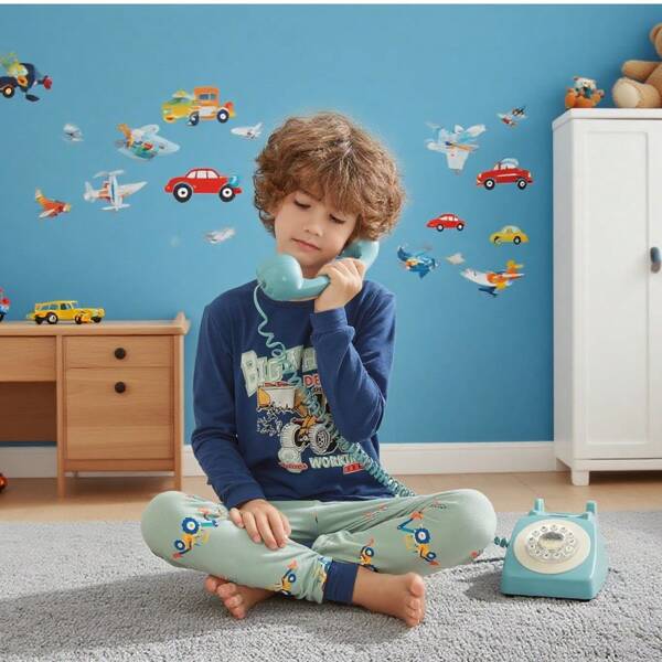Cotton Cartoon Industrial Bulldozer Car Graphic Printing Crew Neck Boy Pajamas Set For Ages 5-8 Years Old KId Homewear Spring Fall Casual Sleepwear Cotton Comfortable Sleepwear