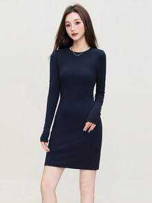 优雅修身迷你紧身连衣裙，百搭时尚，适合春秋季节 - 043寶藍色 - 查看 2