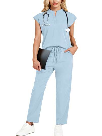 cimmuovere Stand Collar Sleeveless Loose Top And Practical Multi-Pocket Pants Uniform Set