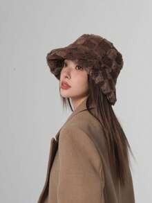 1pc Women's Brown Textured Faux Fur Bucket Hat - Warm Fluffy Winter Cap Winter Outfits Fall - Multicolor - View 2