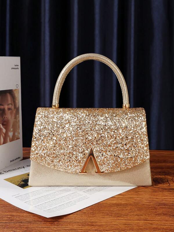 Women's Evening Bag, Glittering Fabric Fashion Clutch, Large Capacity Handbag, Luxury V-Shape Metal Decor, Suitable For Wedding, Party, Gathering, Evening, Birthday Gift, Valentine's Day Gift
