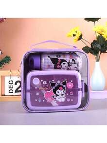 Sanrio Hello Kitty & Friends 三件套保温午餐套装，包括便当盒、手提袋和水壶，紫色，随机印花，适合上学、上班、露营和野餐。