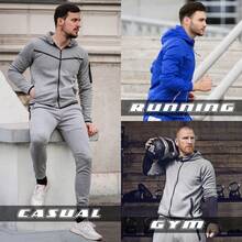 LoveMyFashions Men's 2pcs Set Tracksuit Full Sleeve Solid Color Drawstring Waist Zip Up Hoodie & Sweatpants Two Pieces Set With Pockets - Black - View 2