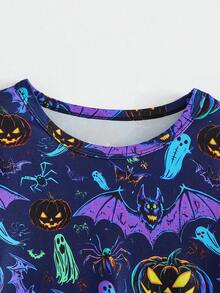 Girls Casual Comfortable Round Neck Pumpkin, Bat, Ghost 3D Print Long Sleeve Cute Dress, Suitable For Everyday, Vacation, Elegant Party, Graduation, Back To School, Halloween