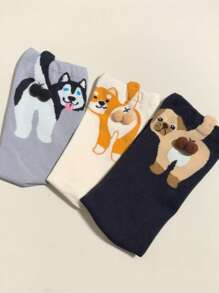 3双装女士新款卡通3D狗狗图案趣味可爱透气舒适中筒袜 - 彩色 - 查看 5