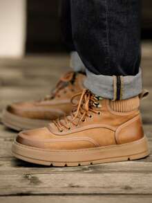 CAMEL CROWN 男士运动休闲鞋，秋冬季牛皮高帮厚底靴，复古休闲工装靴，高帮帆布鞋。