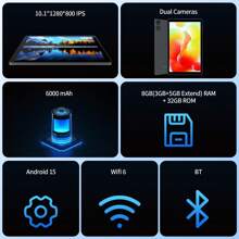 PRITOM Tableta PC Android 15 con 3GB RAM (3GB+5GB expandible)/32GB ROM, compatible con expansión de hasta 512GB, pantalla IPS de 10.1 pulgadas 1280*800, procesador de 5 núcleos A333, WiFi 5G/WiFi 6 802.11ax, BT 5.0, batería de 6000mAh, USB Tipo-C, cámara de 2MP+2MP (sin adaptador)