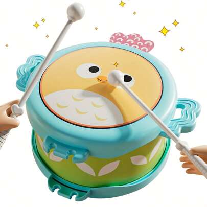 Owl Double-Sided Drum For Toddlers - Early Learning Musical Instrument To Develop Motor Skills, Hand-Eye Coordination & Brain Potential - Multicolor Kids Gift For Christmas, Birthdays (Non-Electric), Toddler Musical Instrument, Cartoon Character Design, Childsafe Materials, Preschool Children, Playful Design