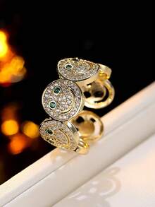 1 buc Inel decorativ minimalist la modă, rotund, cu față zâmbitoare, placat cu cupru, aur, zirconiu cubic, potrivit pentru ținute de petrecere pentru femei