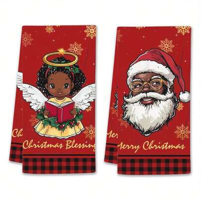 2pcs Vintage Christmas Kitchen Towels - Angel & Santa Claus Themed Decorative Towels, 240gsm Polyester Nonwoven, Super Soft Dish & Hand Towels, Whimsical Pattern Rectangular Tea Towels, Suitable For Holiday Home Decor