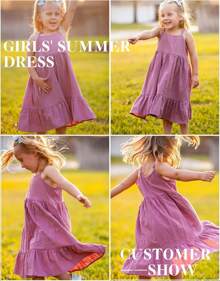Girl's Summer Sundress Spaghetti Strap Solid Linen Midi Dress Casual Cami Dresses