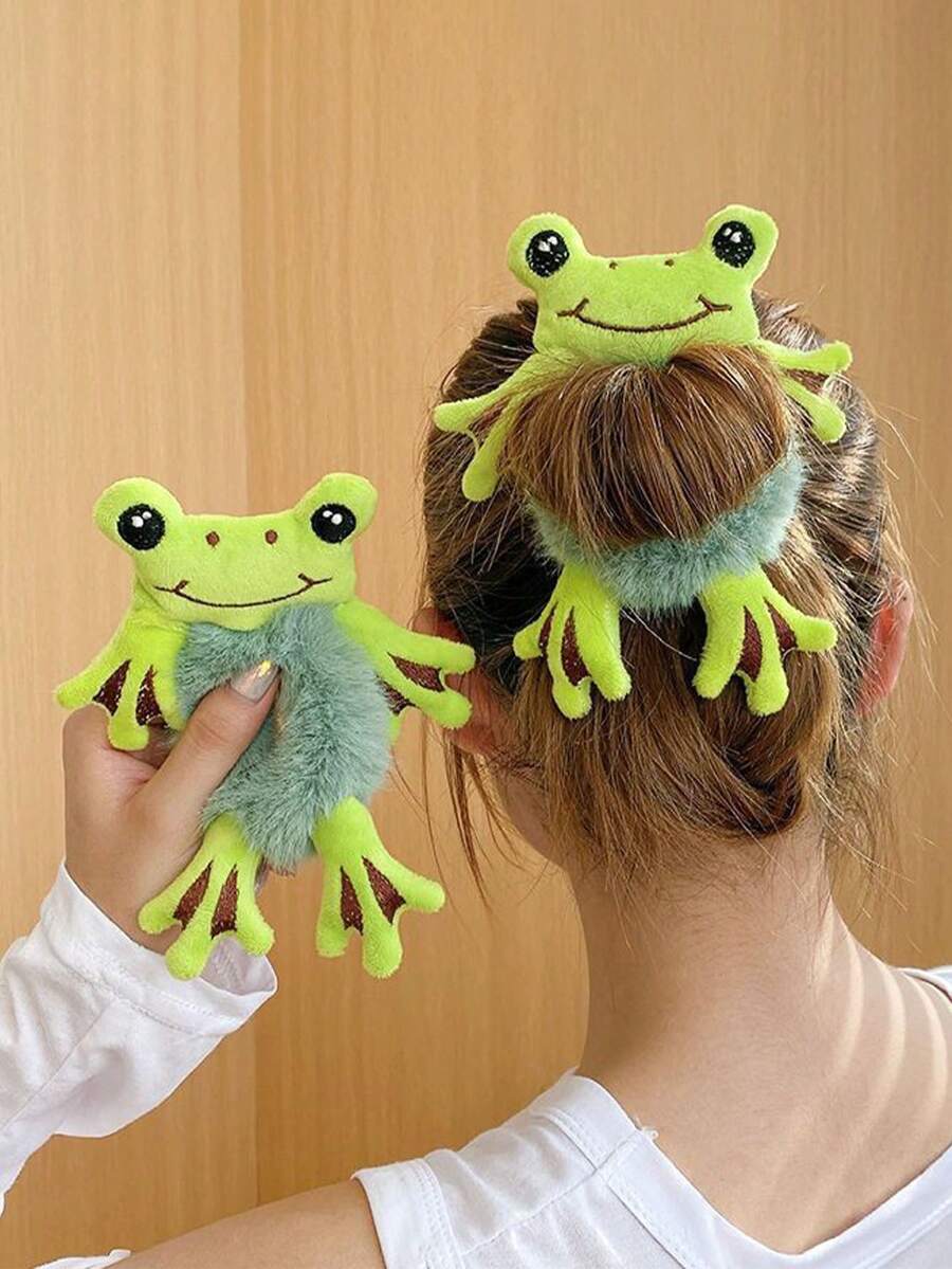 1pc/2pcs Women Autumn/Winter Super Cute Cartoon Green Big-Eyed Frog Plush Hair Scrunchies, Funny Ponytail/Bun Holder Elastic Hair Ties, Suitable For Daily Outfit Styling (Some Scrunchies Have Glue Residue And Defects, Please Purchase Carefully If Bothered) - Green - View 1
