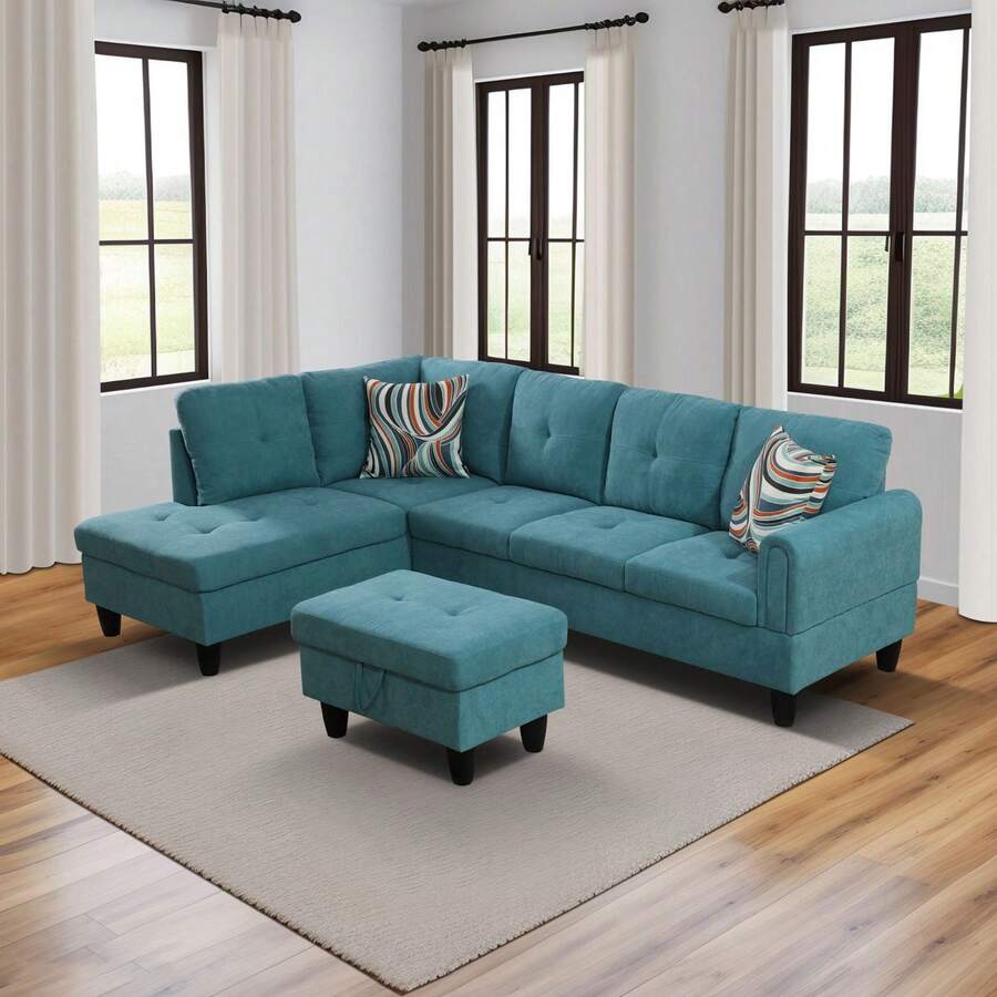 Luxury Teal Blue 3-Piece Plush Fabric Sofa Set With Storage Ottoman | [2 Options]2 Purchase Options: Complete Set With 2 Pillows Or Ottoman Only, Premium Sectional Couch With Solid Wood Frame, Easy Assembly - 綠色 - 查看 1