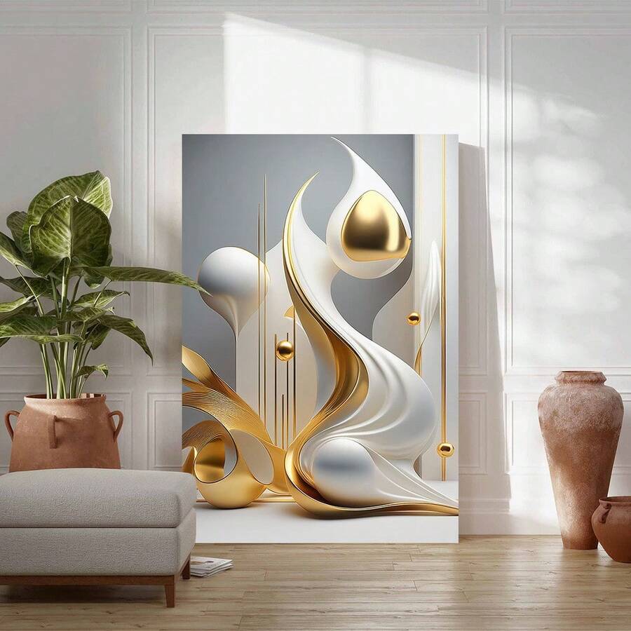 [2D Flat Canvas Wall Art]  Home Decor Wall Wall A Canvas Print 2D- Gold, Curves, Abstraction Abstract Painting Wall Art - -Geometric Pattern - Room Decor- Wall Decor, Posters,Living Room,Artwall Art Decor,Bathroom Decor And Accessorieshome- Canvas Painting Art  Framed Inspirational Painting Zen Artwork For Kitchen Living Room Bathroom Wall Home Decor(Gold) - 金色 - 查看 1