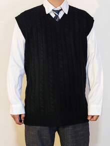 Plus Size Men's Solid Color V-Neck Casual Knit Sweater Vest, Suitable For Spring, Autumn And Winter