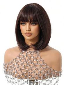 Tóc giả ngắn ngang vai, thoáng khí và thoải mái, dài 14 inch, màu nâu đậm, có mái, đường may mở tự do. Tóc giả nữ, sợi tổng hợp chịu nhiệt, thích hợp cho cosplay và sử dụng hàng ngày. - Màu nâu tối - Xem 5