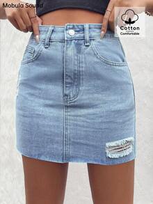 Mobula Sound# 时尚日常休闲牛仔裙，做旧水洗，百搭春夏季，日常穿着，旅行，机场穿 - 藍色 - 查看 2