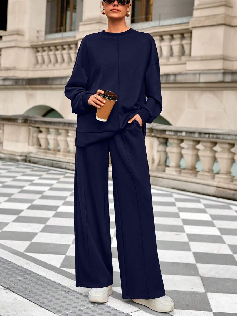 Women Fall 2 Piece Sweatsuit Set  Drawstring Wide Leg Jogger Sweatpants Loose Matching Lounge Sets Sport Airport Tracksuit Outfits - Màu xanh hải quân - Xem 1