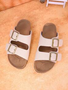 1 Pair Unisex Teenagers/Couples Metal Buckle Comfortable Flat Open Toe Sandals, Fashionable For Daily Wear - Beige - View 11