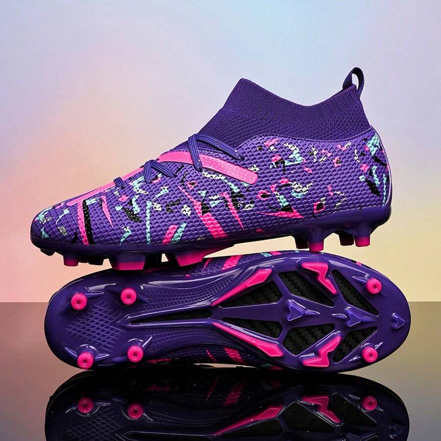 1 Pair Unisex Football/Soccer Shoes For Adults, Students, Teenagers, Suitable For Match, Training, Outdoor Sports, Lace-Up, Non-Slip, Wear-Resistant, With AG Long Studs And TF Short Studs - Purple - View 1