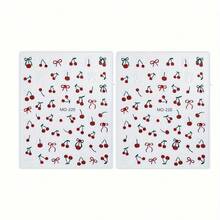 2 Sheets Cherry Blossom Nail Art Stickers - Spring Cherry Pattern With Embossed Crystals, Self-Adhesive Plastic Nail Decor, Glossy French Tip DIY Embellishments, Disposable Casual Style Nail Accessories - 紅色 - 查看 8