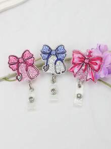 1pc Pink Glitter Floral Printed Bow Stethoscope Needle Tube Shaped Acrylic Retractable Badge Reel With Clip ID Badge Holder Badge Reel Gift For RN LPN CNA Nurse Doctor Assistant Medical Staff