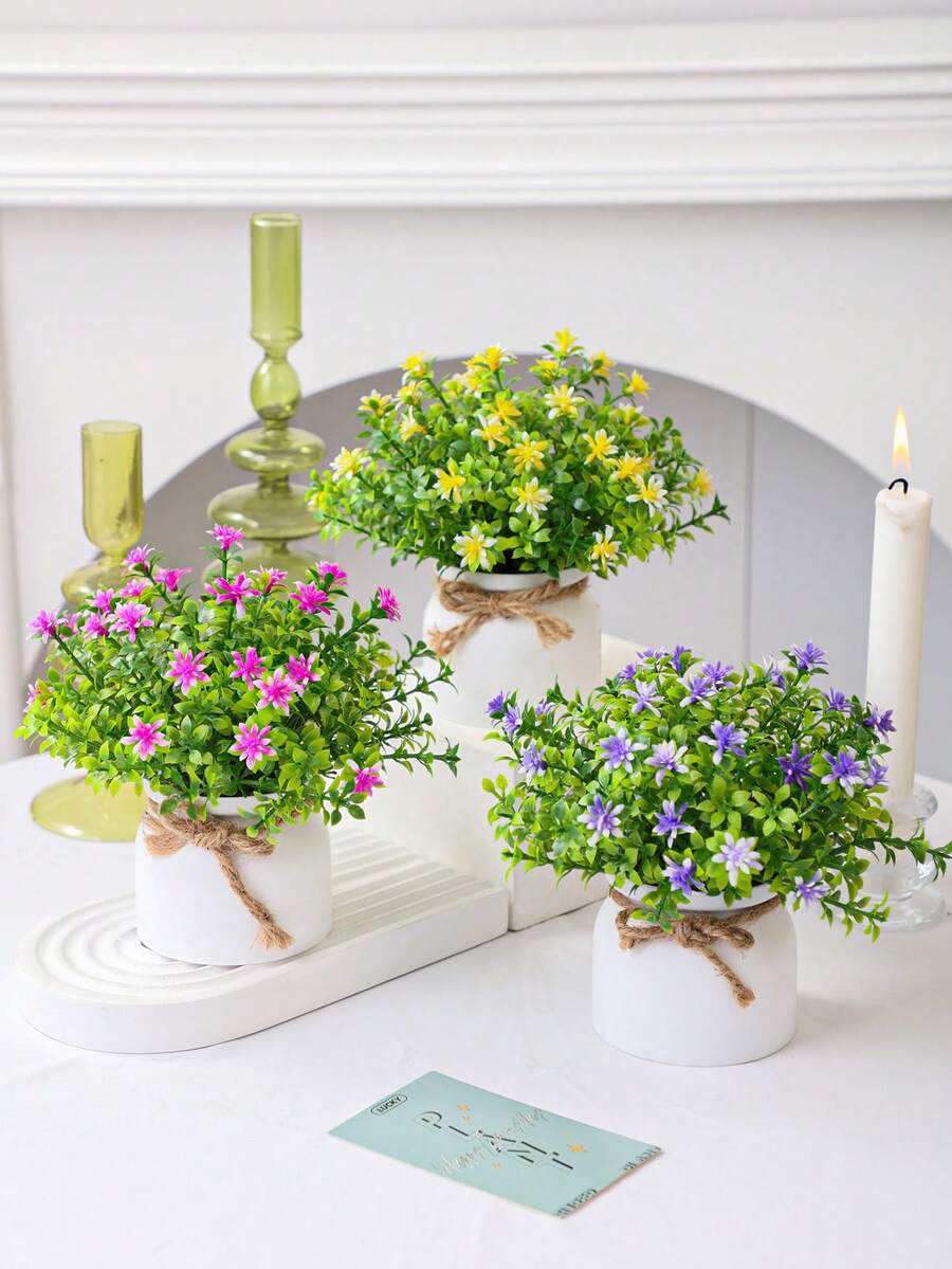 Chậu hoa cúc giả mini 1/3, cây hoàng cầm bonsai, 3 màu để lựa chọn, hoa dại nhỏ giả trang trí bàn làm việc kèm chậu nhựa thắt nơ, chất liệu PP/PE, hoa giả.