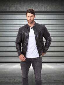 男士户外专业摩托车皮夹克，插肩袖机车夹克，PU 皮夹克，立领运动夹克，拉链口袋，黑色，适合秋冬，羊毛 - 黑色 - 查看 5