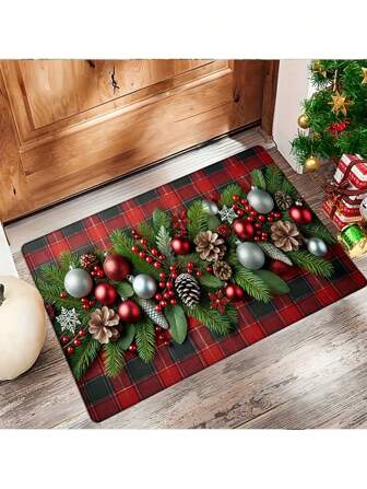 Christmas Snowball Plaid Doormat - Non-Slip, Thick Sponge Pad, Machine Washable, Soft & Absorbent, Suitable For Home Decor, Great For Living Room & Bedroom Entrance