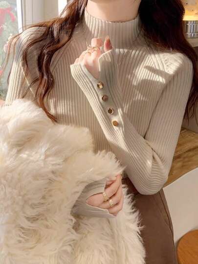 Women's Khaki Turtleneck Sweater, Knitted Pullover Top With Metal Button Decoration, Warm Layering Sweater For Commuting & Daily Wear, Autumn/Winter