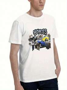 Lil Homies Lowriders Graphic Tee- Black Casual Round Neck T-Shirt With Funny Homies For Life, Machine Washable, All-Season Comfort Fit For Adults, Allseason Apparel Humorous Graphic Tee Comfortable Fit - 白色 - 查看 2