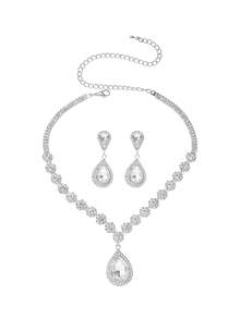 復古宮廷閃爍水晶鑽石項鍊耳環套裝，婚禮派對珠寶3合1 - 銀色 - 查看 9