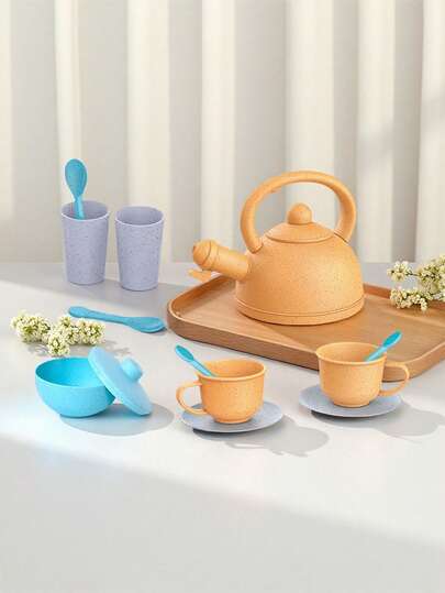 吸管角色扮演儿童厨房玩具套装，逼真下午茶茶壶、茶杯、托盘、勺子配件套装，男孩女孩角色扮演玩具套装（颜色随机）