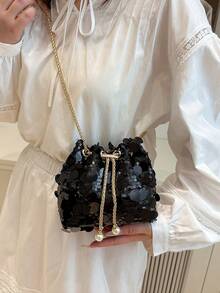 1 szt. Torebka typu wiaderko z PVC z cekinami i zapięciem na łańcuszek, z metalicznym i perłowym zdobieniem, kolorowa, damska, wieczorowa, na ramię, na imprezę, na szminkę, modny prezent, odpowiednia na imprezy i oficjalne okazje (właściwości fizyczne przedmiotu mogą wydawać delikatne dźwięki, prosimy o zakup w razie potrzeby) - Czarne - Zobacz 2