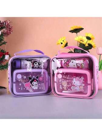 Sanrio 3pcs Hello Kitty & Friends Insulated Lunch Set, Including Bento Box, Tote Bag And Water Bottle, Purple, Random Print, Suitable For School, Work, Camping And Picnic