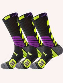 3 Pairs Men's Sports Basketball Socks, Reinforced Toe & Heel, Colorful Striped Design, Suitable For Sports And Daily Wear, Hand Washable, Moisture-Wicking Fabric, Breathable For Outdoor Running, Hiking, Fall - Black - View 6