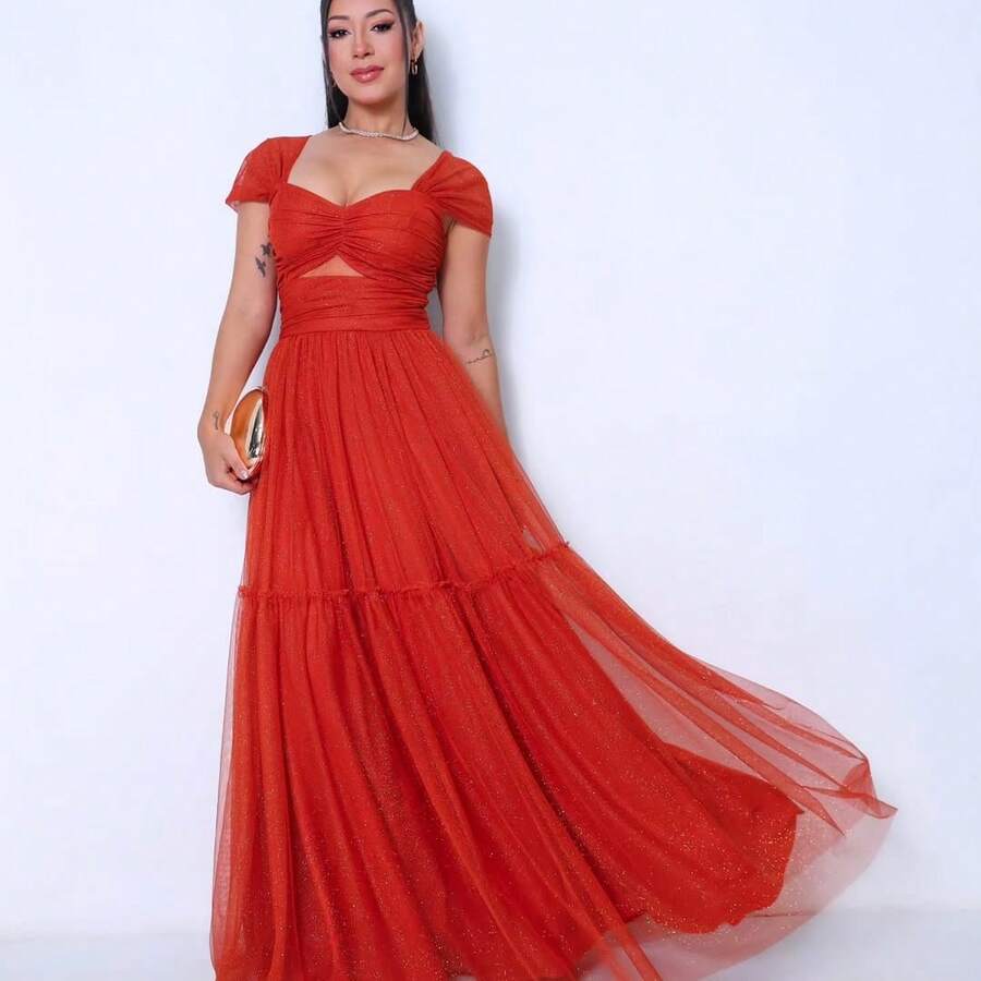 Shiny Bridesmaid Dress With Slit At The Waist - Đất nung - Xem 1