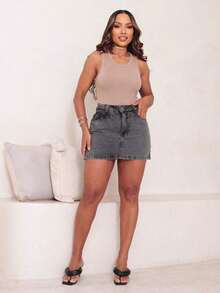 Shorts And Jeans Skirt With Small Side Slit - 黑色大理石紋 - 查看 8
